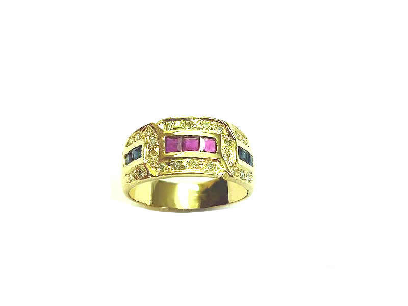 9CT GOLD, RUBY, SAPPHIRE AND DIAMOND SET RING (2)